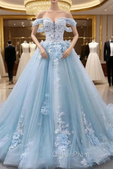 Blue Sweetheart Tulle Lace Long Evening Prom Dresses, Blue Wedding Dresses