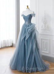 Blue Sweetheart Tulle Layers Long Formal Dresses, Blue Long Party Dresses Evening Prom Dresses