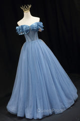 Blue Sweetheart Tulle Long Evening Dresses, Off the Shoulder Evening Graduation Dresses