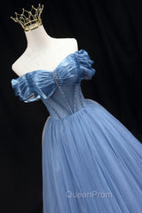 Blue Sweetheart Tulle Long Evening Dresses, Off the Shoulder Evening Graduation Dresses