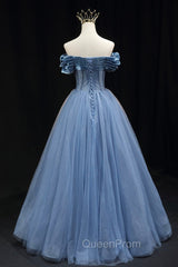 Blue Sweetheart Tulle Long Evening Dresses, Off the Shoulder Evening Graduation Dresses