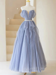 Blue Sweetheart Tulle Off-the-Shoulder Floor-Length Evening Prom Dresses, Blue Evening Gown