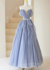 Blue Sweetheart Tulle Off-the-Shoulder Floor-Length Evening Prom Dresses, Blue Evening Gown