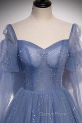 Blue sweetheart tulle sequin long Evening Prom Dresses blue formal Dresses