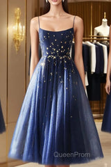 Blue Tea Length Tulle Evening Prom Dresses, Blue Tulle Bridesmaid Dresses