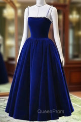 Blue Tea Length Velvet Straps Pearls Evening Dresses, Blue Homecoming Dresses