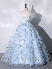 Blue Tulle 3 D Applique Long Evening Prom Dresses, Blue Formal Evening Dresses