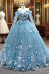 Blue Tulle 3D Appliques Off the Shoulder Evening Prom Dresses