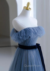 Blue Tulle A-Line Off Shoulder Long Party Dresses, Blue Scoop Evening Prom Dresses Evening Dresses