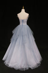 Blue Tulle A-Line Strapless Long Evening Prom Dresses, Blue Evening Party Dresses