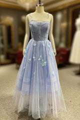 Blue Tulle Appliques Beading Evening Prom Dresses