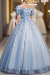 Blue Tulle Appliques Off the Shoulder Quinceanera Dresses