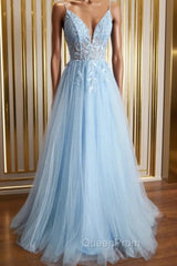 Blue Tulle Appliques Spaghetti Straps Evening Prom Dresses