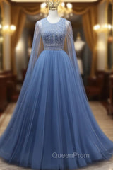 Blue Tulle Backless Beading Evening Prom Dresses
