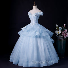 Blue Tulle Ball Gown Off Shoulder Layers Sweet 16 Dresses, Blue Evening Dresses with Lace