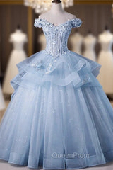 Blue Tulle Ball Gown Off Shoulder Layers Sweet 16 Dresses, Blue Evening Dresses with Lace