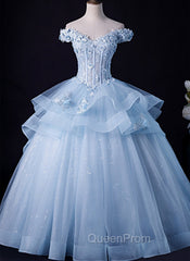 Blue Tulle Ball Gown Off Shoulder Layers Sweet 16 Dresses, Blue Evening Dresses with Lace