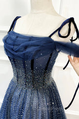 Blue Tulle Beaded Long A-Line Evening Prom Dresses, Blue Spaghetti Straps Evening Dresses