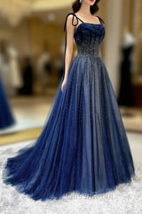 Blue Tulle Beaded Long A-Line Evening Prom Dresses, Blue Spaghetti Straps Evening Dresses