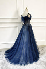 Blue Tulle Beaded Long A-Line Evening Prom Dresses, Blue Spaghetti Straps Evening Dresses