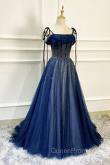 Blue Tulle Beaded Long A-Line Evening Prom Dresses, Blue Spaghetti Straps Evening Dresses