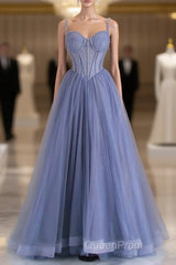 Blue Tulle Beaded Long Evening Prom Dresses, Beautiful Spaghetti Strap A-Line Evening Party Dresses