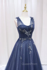 Blue Tulle Beaded Long Evening Prom Dresses, Blue A-Line Evening Party Dresses