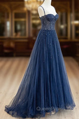 Blue Tulle Beaded Long Evening Prom Dresses Evening Dresses, Blue Evening Dresses