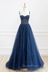 Blue Tulle Beaded Long Evening Prom Dresses Evening Dresses, Blue Evening Dresses
