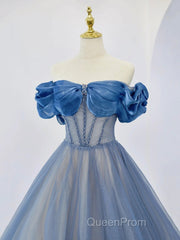 Blue Tulle Beaded Long Evening Prom Dresses, Off The Shoulder Evening Party Dresses