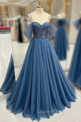 Blue Tulle Beading Spaghetti Straps Evening Prom Dresses
