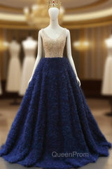 Blue Tulle Beading V-neck Evening Prom Dresses