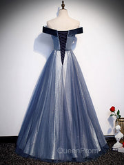 Blue Tulle Beads Long Evening Prom Dresses, Blue Tulle Evening Dresses