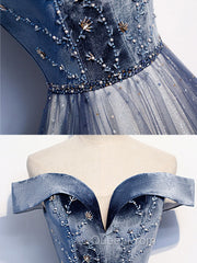 Blue Tulle Beads Long Evening Prom Dresses, Blue Tulle Evening Dresses