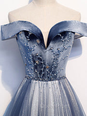 Blue Tulle Beads Long Evening Prom Dresses, Blue Tulle Evening Dresses