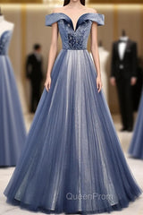 Blue Tulle Beads Long Evening Prom Dresses, Blue Tulle Evening Dresses