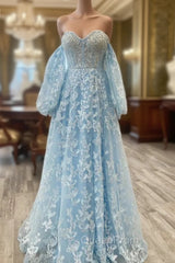 Blue Tulle Butterfly Long Sleeve Evening Prom Dresses
