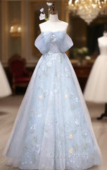 Blue Tulle Flower Off the Shoulder Evening Prom Dresses