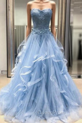 Blue Tulle Lace Appliques Sweetheart Layered Long Evening Prom Dresses