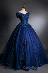 Blue Tulle Lace Long A-Line Ball Gown, Off The Shoulder Evening Party Dresses