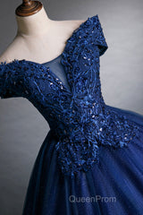 Blue Tulle Lace Long A-Line Ball Gown, Off The Shoulder Evening Party Dresses