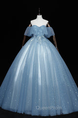 Blue Tulle Lace Long A-Line Ball Gown, Off the Shoulder Evening Gown