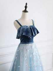 Blue tulle lace long Evening Prom Dresses, blue tulle formal Dresses