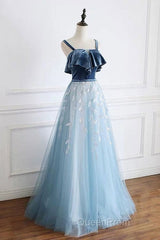 Blue Tulle Lace Long Evening Prom Dresses, Blue Tulle Long Evening Dresses