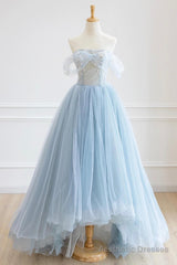 Blue Tulle Lace Long Prom Dress, High Low A-Line Evening Party Dress