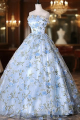 Blue Tulle Lace Long Evening Prom Dresses, Ball Gown Blue Sweet 16 Dresses