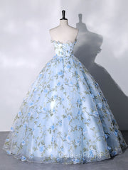 Blue Tulle Lace Long Evening Prom Dresses, Ball Gown Blue Sweet 16 Dresses
