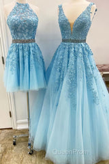 Blue Tulle Lace Evening Prom Dresses, Blue Tulle Lace Formal Evening Dresses
