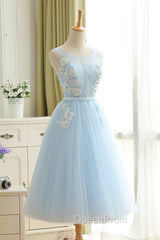 Blue Tulle Lace Short Evening Prom Dresses, A-Line Homecoming Party Dresses