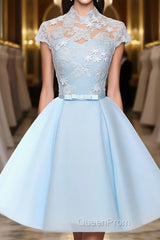 Blue tulle lace short Evening Prom Dresses, blue tulle lace homecoming Dresses